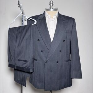 Paul Rodon Mens Double Breasted Pinstripe Suit 46L 36W Wool Blend Charcoal
